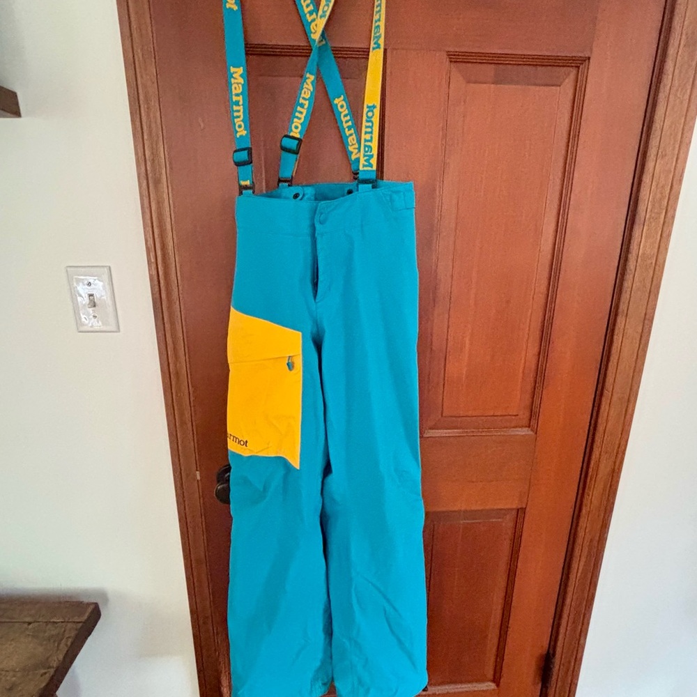 Marmot Teal Snow Pants with Yellow Accents
